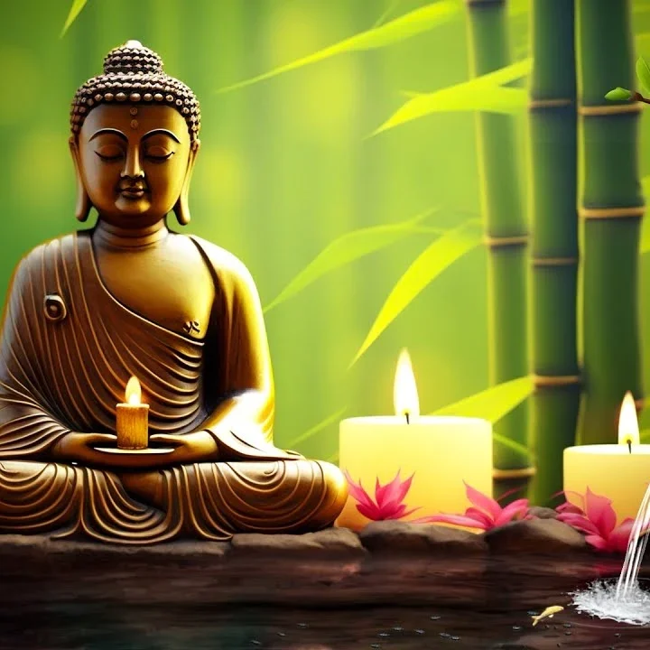 Statue de Bouddha entourée de bambous, bougies et fleur de lotus.